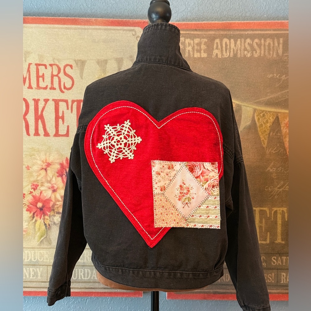 Black Denim Jacket Red Heart Patchwork Crochet Sn… - image 1